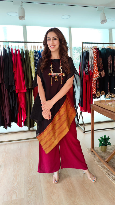 Black Maroon 4 piece Kaftan Coord Set with Camisole & Neckpiece