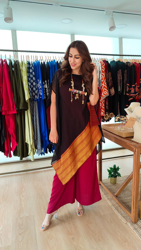 Black Maroon 4 piece Kaftan Coord Set with Camisole & Neckpiece