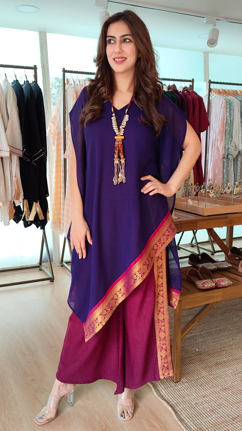 Purple and Magenta 4 piece Kaftan Coord Set with Camisole & Neckpiece