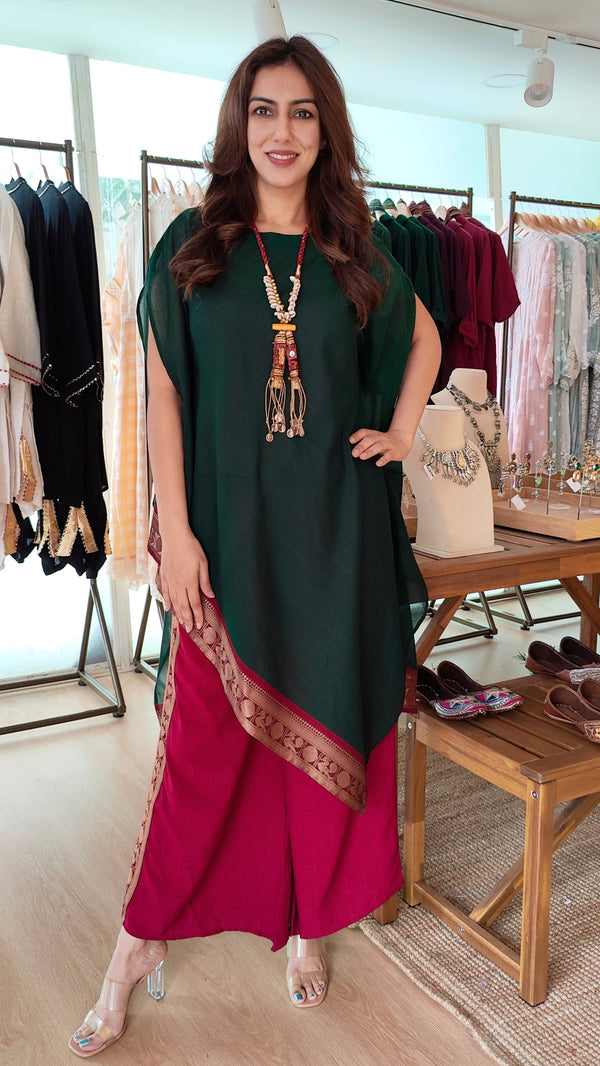 Bottle Green 4 piece Kaftan Coord Set with Camisole & Neckpiece