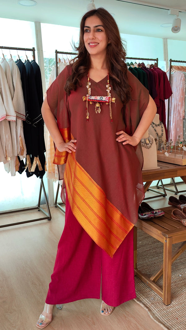 Maroon 4 piece Kaftan Coord Set with Camisole & Neckpiece
