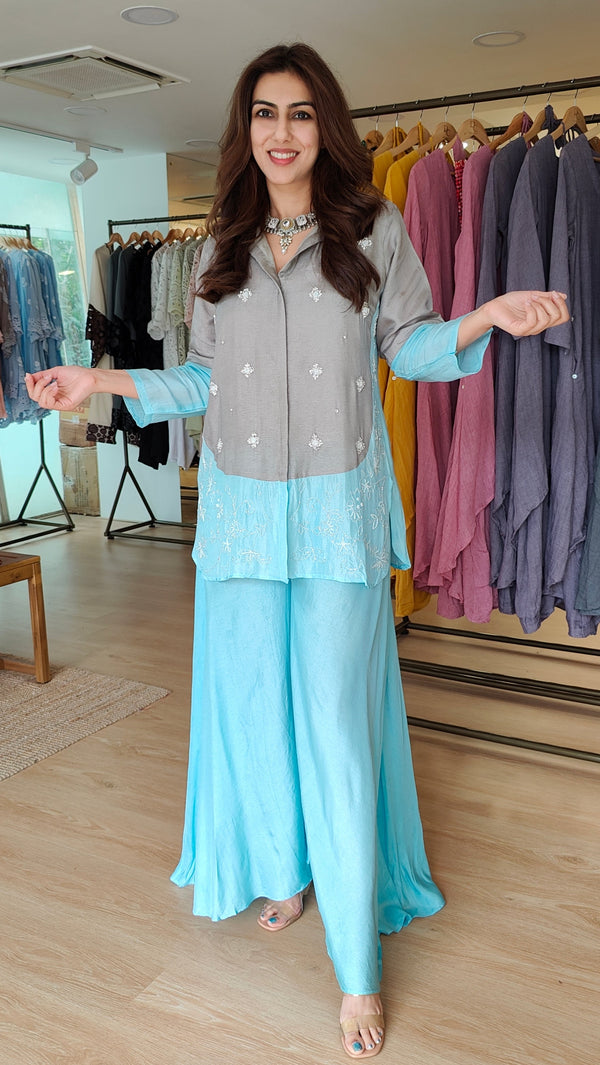 Hand Embroidered Blue and Grey Palazzo Sets
