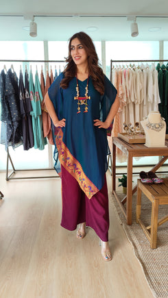 Peacock Blue 4 piece Kaftan Coord Set with Camisole & Neckpiece