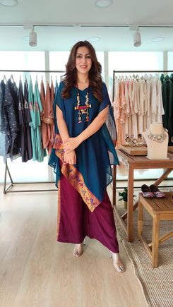 Peacock Blue 4 piece Kaftan Coord Set with Camisole & Neckpiece