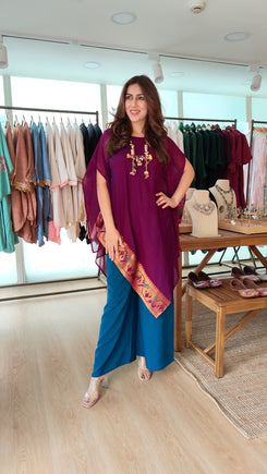 Magenta and Blue 4 piece Kaftan Coord Set with Camisole & Neckpiece - view 4