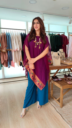 Magenta and Blue 4 piece Kaftan Coord Set with Camisole & Neckpiece - view 5