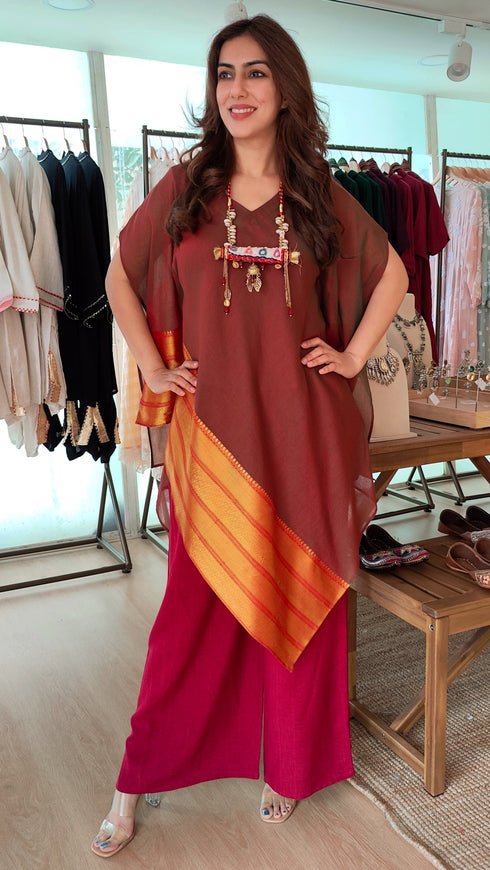 Maroon 4 piece Kaftan Coord Set with Camisole & Neckpiece