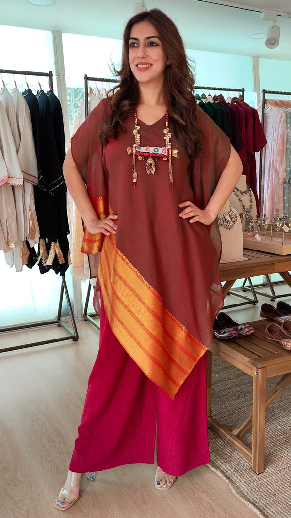 Maroon 4 piece Kaftan Coord Set with Camisole & Neckpiece