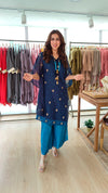 Deep Blue Banarasi Jamdani 4 piece Kaftan Coord Set with Camisole & Neckpiece