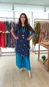 Deep Blue Banarasi Jamdani 4 piece Kaftan Coord Set with Camisole & Neckpiece