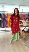 Maroon Banarasi Jamdani 4 piece Kaftan Coord Set with Camisole & Neckpiece