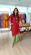 Maroon Banarasi Jamdani 4 piece Kaftan Coord Set with Camisole & Neckpiece