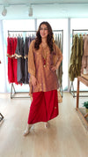 Brown Banarasi Jamdani 4 piece Kaftan Coord Set with Camisole & Neckpiece