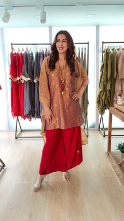 Brown Banarasi Jamdani 4 piece Kaftan Coord Set with Camisole & Neckpiece