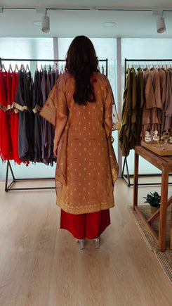 Brown Banarasi Jamdani 4 piece Kaftan Coord Set with Camisole & Neckpiece