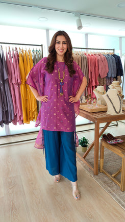 Purple Banarasi Jamdani 4 piece Kaftan Coord Set with Camisole & Neckpiece