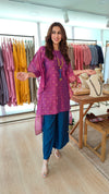 Purple Banarasi Jamdani 4 piece Kaftan Coord Set with Camisole & Neckpiece