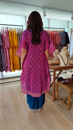 Purple Banarasi Jamdani 4 piece Kaftan Coord Set with Camisole & Neckpiece