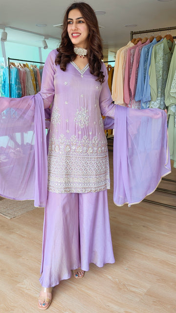 Pastel Purple Shimmer Tissue Sharara Set
