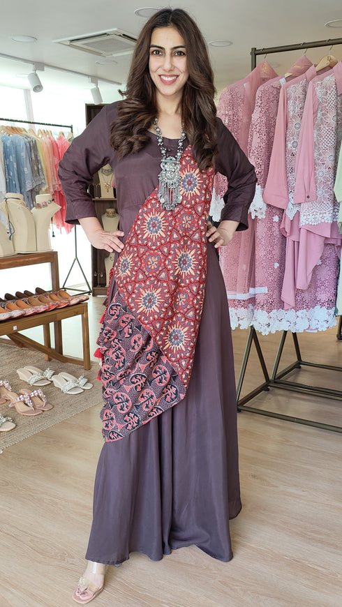 Brown Dress With Detachable Reversible Scarf Dupatta