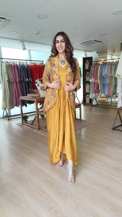 Hand Embroidered Mustard Jacket & Dress