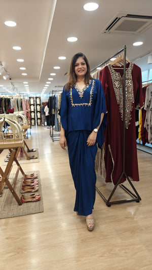 Hand Embroidered Teal Blue Kaftan With Dhoti Skirt