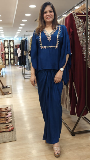 Hand Embroidered Teal Blue Kaftan With Dhoti Skirt