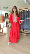 Red Drape Skirt Set with Embroidered High-Low Top