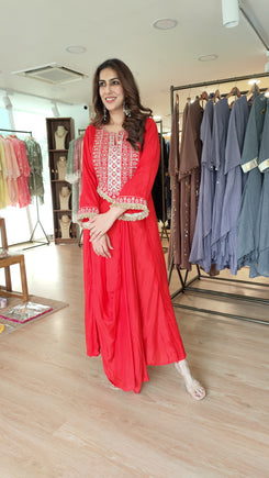 Red Drape Skirt Set with Embroidered High-Low Top