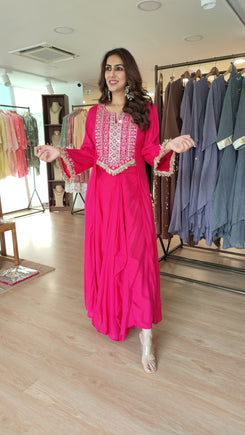 Pink Drape Skirt Set with Embroidered High-Low Top
