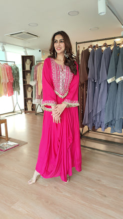 Pink Drape Skirt Set with Embroidered High-Low Top