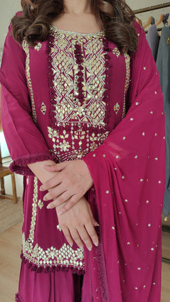 Magenta Mirror Embroidered Sharara Set