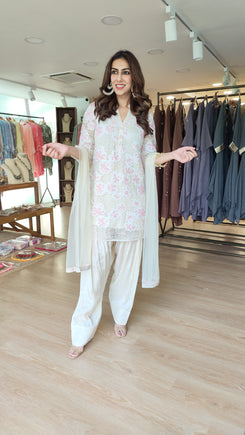 Cream Pink Sequin Cutwork Farshi Dupatta Set