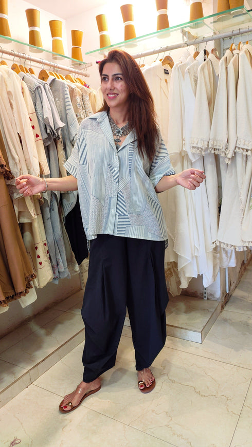 Striped White Shirt with Blue Dhoti Pants