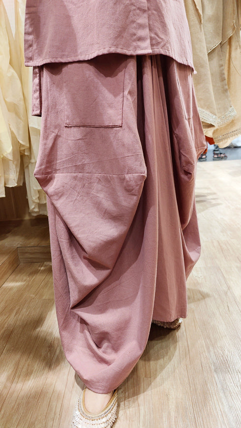 Onion Pink Drape Skirt Set For Women