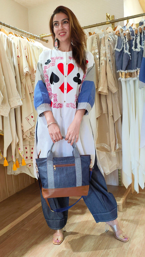 Blue Card Print Coord Set with Handbag