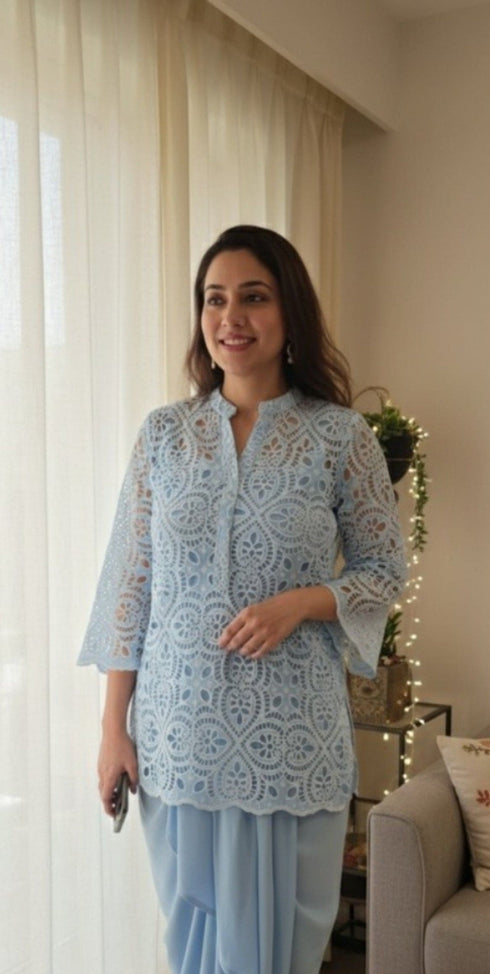 Blue Cutwork Kurta with Dhoti and Singlet