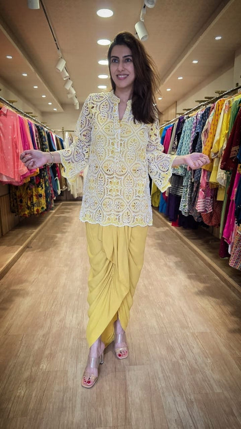 Yellow Cutwork Kurta with Dhoti and Singlet