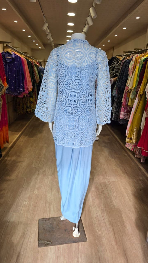 Blue Cutwork Kurta with Dhoti and Singlet