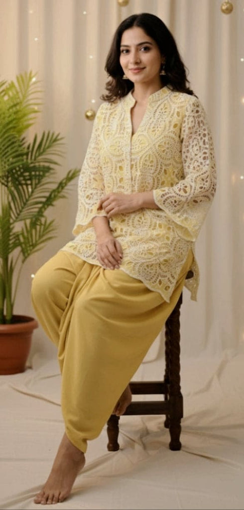 Yellow Cutwork Kurta with Dhoti and Singlet