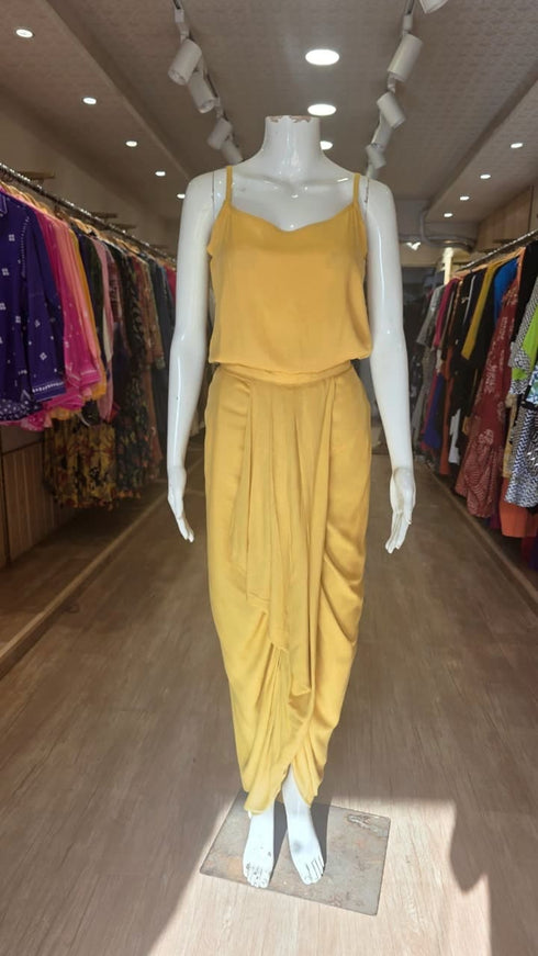 Yellow Cutwork Kurta with Dhoti and Singlet