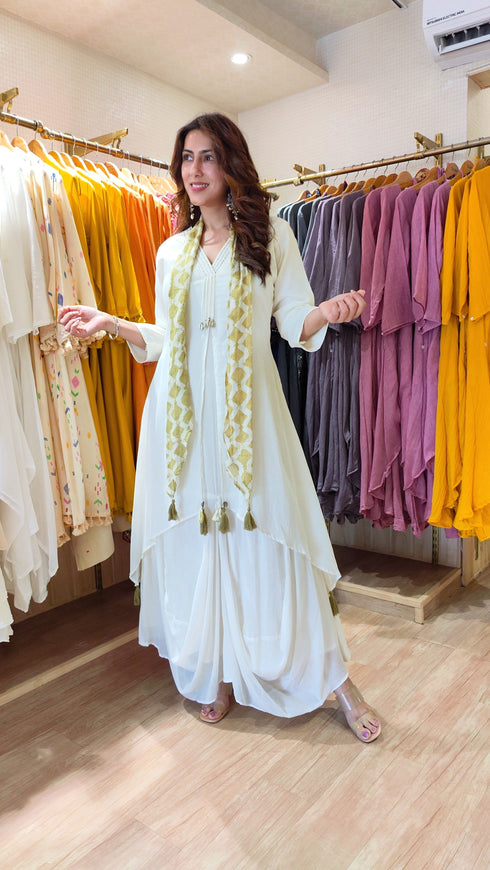 White Drape Dress With Printed Scarf