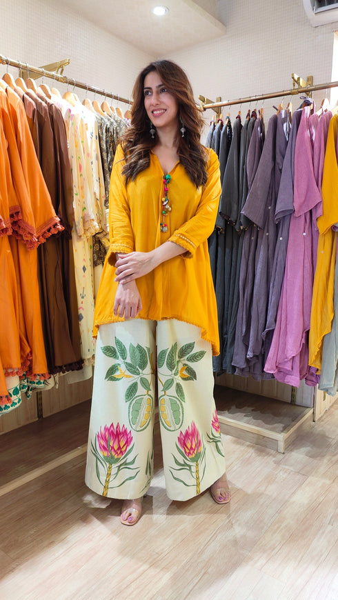 Yellow Tassel Top With Printed Pallazo