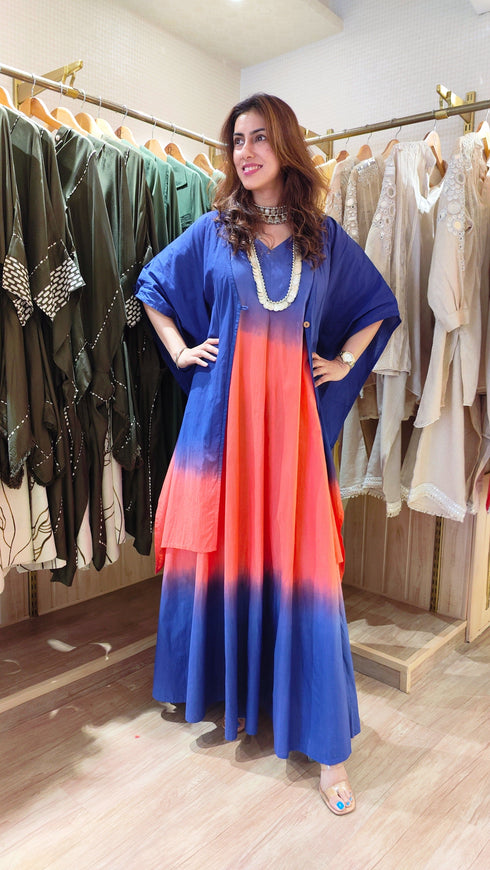 Ombre Blue Peach Dress With Cape
