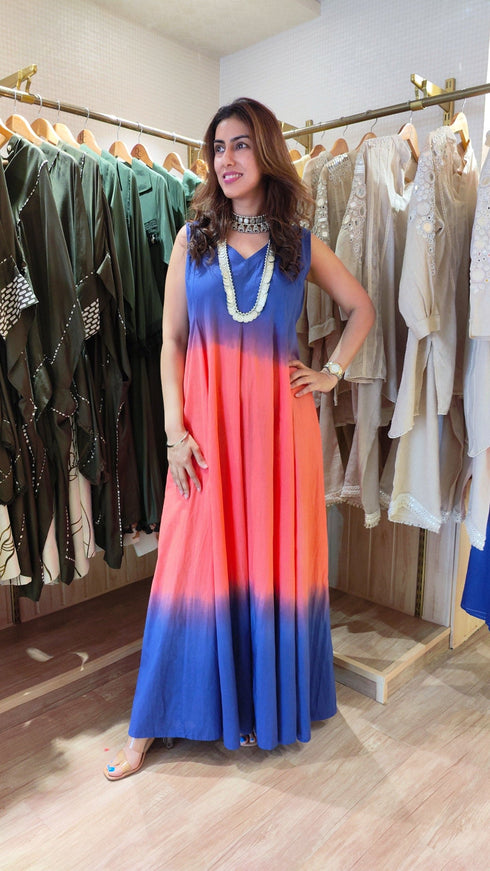 Ombre Blue Peach Dress With Cape