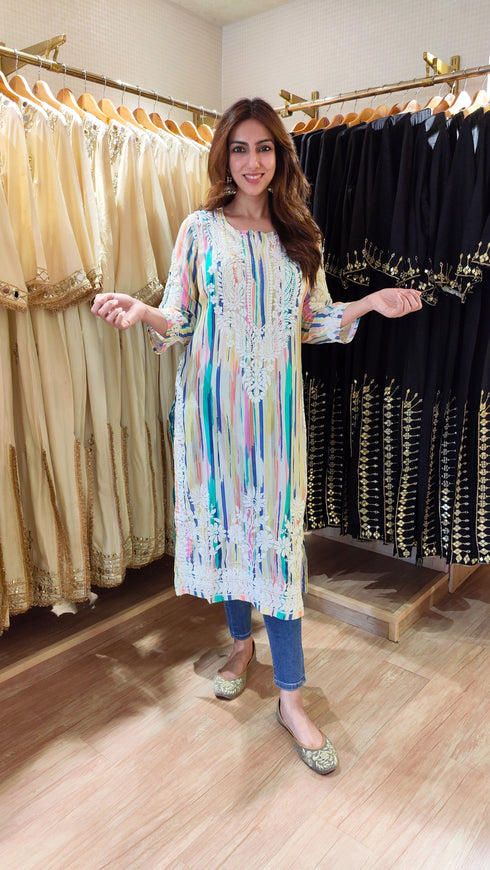Multicolor Hand Embroidered Chikankari Kurta