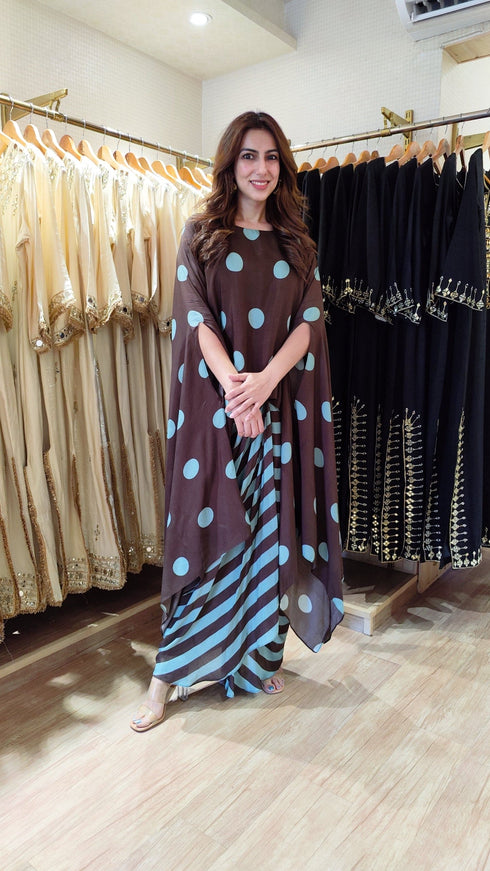 Brown Slit Sleeve Top with Dhoti Skirt