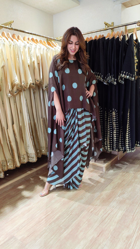 Brown Slit Sleeve Top with Dhoti Skirt