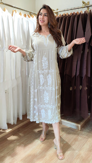 Classic Beige Hand Embroidered Lucknowi Dress