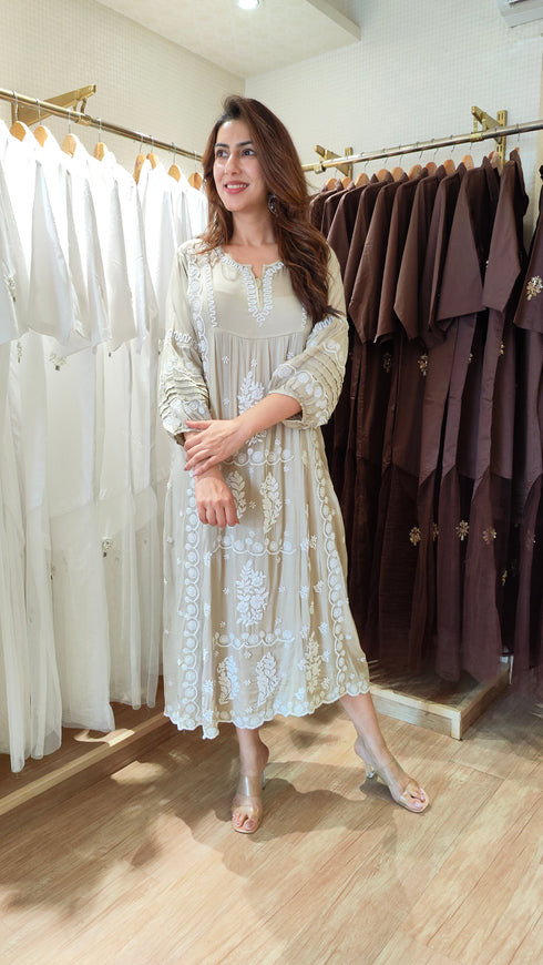 Classic Beige Hand Embroidered Lucknowi Dress